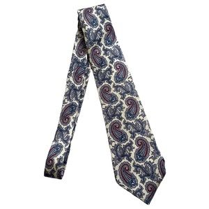 Christian Dior Men’s Tie Paisley Cream Blue Made in USA Silk Formal Classic